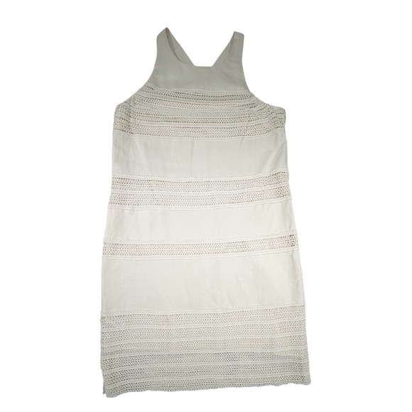 LOFT Dresses & Skirts - LOFT Lace Stripe Shift Dress Womens Size 8 Ivory Linen Cotton Sleeveless Lined